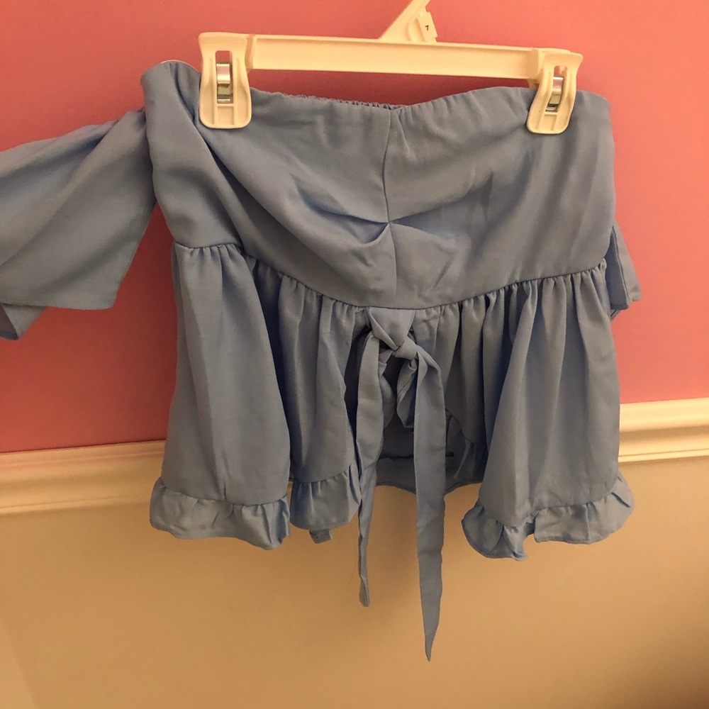 Boohoo Blue Off the Shoulder Tie Top